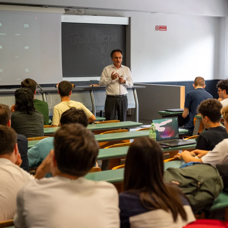 View of high school STEM summer camp students and teacher